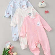 Pajacyki dla niemowląt - TEMU 3 szt. Dziewczęce Rompery z Długim Rękawem - Miękkie Strój na Każdą Porę Roku z Pokryciem Stóp, Pastelowe Kolory (Jasnoniebieski/Beżowy/Różowy), - miniaturka - grafika 1