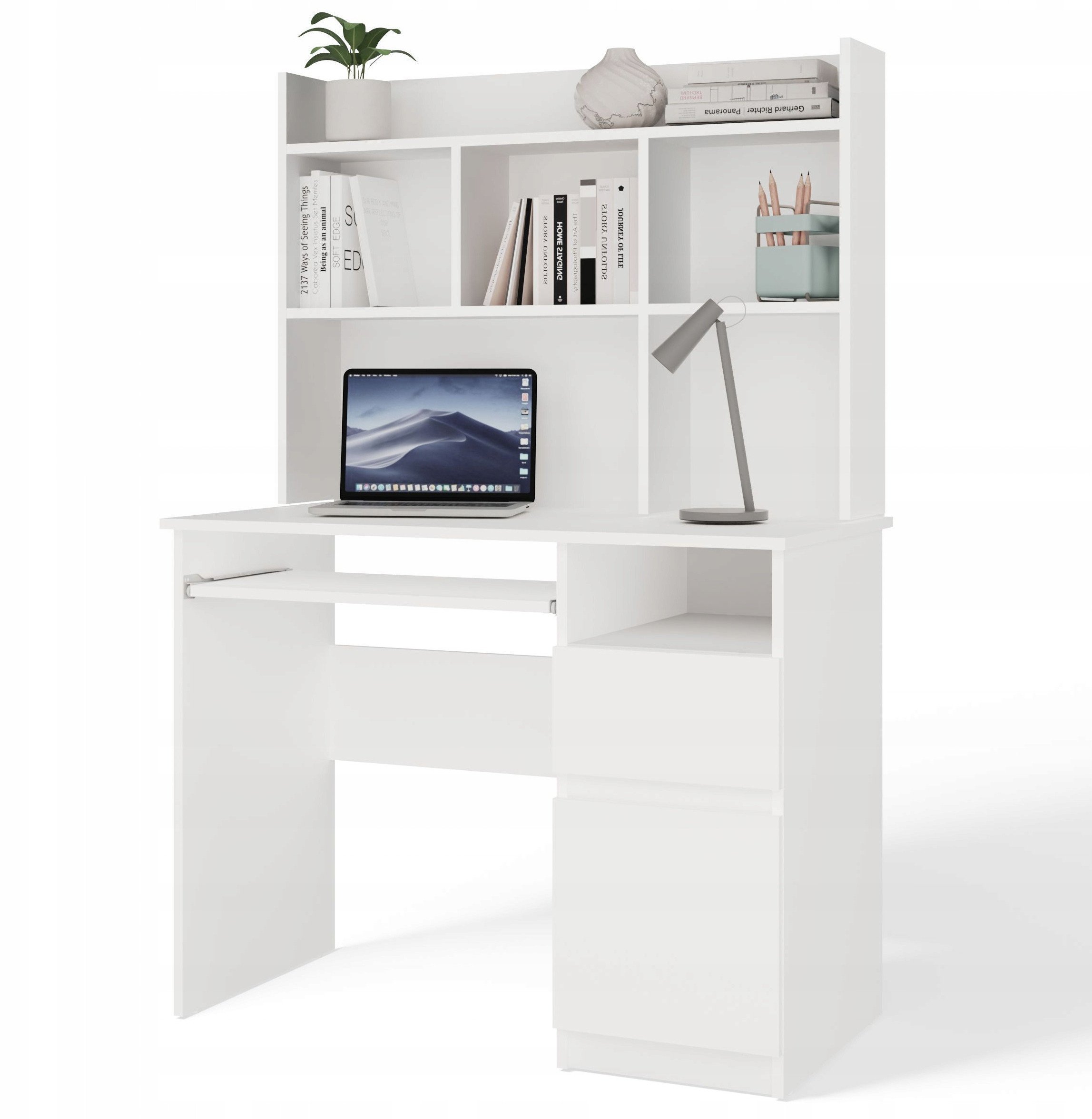 Biurko PORTO Prawe Z Nadstawką Biel Mat Szuflada Półki Do Biura Pokoju