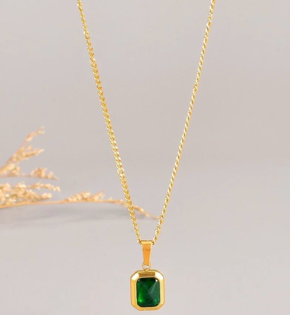 Złoty Naszyjnik Emerald Zielony Kamień Cyrkonia Gold Stal Szlachetna