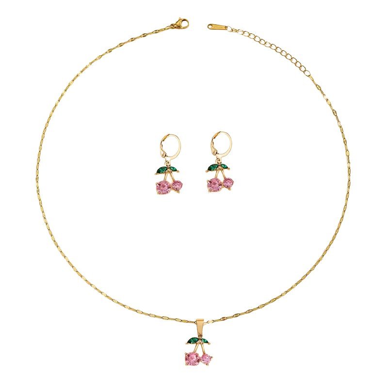 Zestaw Naszyjnik i Kolczyki Wisienki Kolor Złoty z Różowym