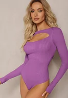 Body - Fioletowe Body Prążkowane z Wycięciem na Dekolcie Kisse - miniaturka - grafika 1