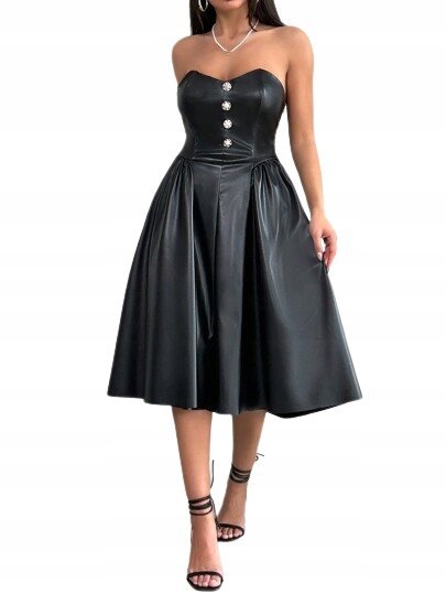 SHEIN SUKIENKA KOKTAJLOWA Z EKOSKÓRY MIDI CZARNA S Ł6C