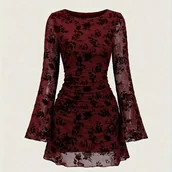 Sukienki - TEMU Elegancka Mini Sukienka Damska z Tiulowymi i Siatkowymi Rękawami Dzwonkowymi - Jednokolorowy Okrągły Dekolt Krótki Top T-Shirt, Pranie Maszynowe - miniaturka - grafika 1