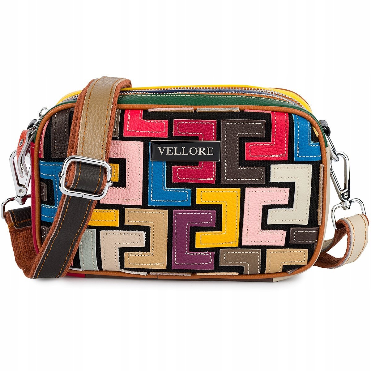 Torebka skórzana Damska Patchwork Listonoszka na ramię mała kolorowa torba