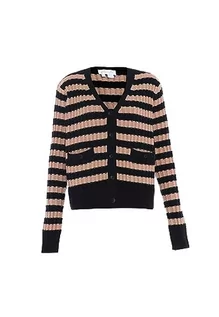 Swetry damskie - Blonda Damski kardigan w paski z dekoltem w serek i wstawkami akryl czarny beżowy rozmiar XL/XXL, czarny, beżowy, XL - grafika 1