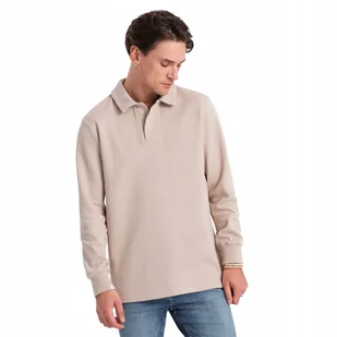 Bluza męska z kołnierzykiem polo z dzianiny beżowa V2 OM-SSNZ-0149 XXL - Bluzy męskie - miniaturka - grafika 1