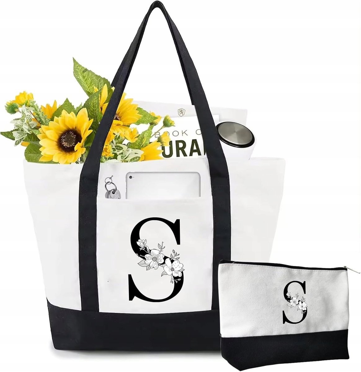 Torba na zakup shopper Spersonalizowana z literą S 38x53cm Czarno Biała
