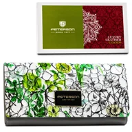 Portfele - Skórzany lakierowany duży portfel damski PETERSON szary z zielonym kwiatowym motywem rozbudowany na karty i gotówkę bilon na suwak elegancki modny n.. - miniaturka - grafika 1