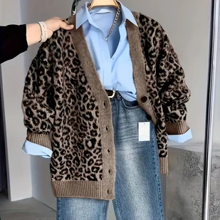 TEMU Kardigan z nadrukiem w leopardzie z oversize'owym dekoltem w serek - Brązowy/Beżowy/Bordowy/Obroża Border Collie, Pluszowy kołnierz i - Swetry damskie - miniaturka - grafika 1