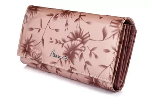 Portfele - Różowy portfel skórzany damski duży kwiaty RFiD pudełko różowy - Merg - grafika 1