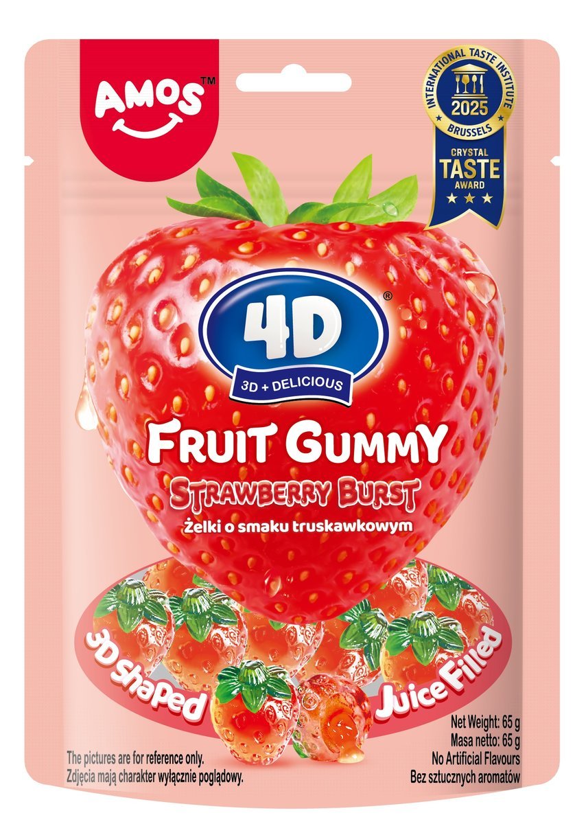 AMOS 4D FRUIT GUMMY STRAWBERRY BURST - SOCZYSTE OWOCOWE ŻELKI O SMAKU TRUSKAWKOWYM 65G