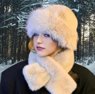 Czapki damskie - CZAPKA DAMSKA SZALIK ZIMOWA MODNA ELEGANCKA CIEPŁA TOCZEK FUTERKO BEŻOWY - miniaturka - grafika 1