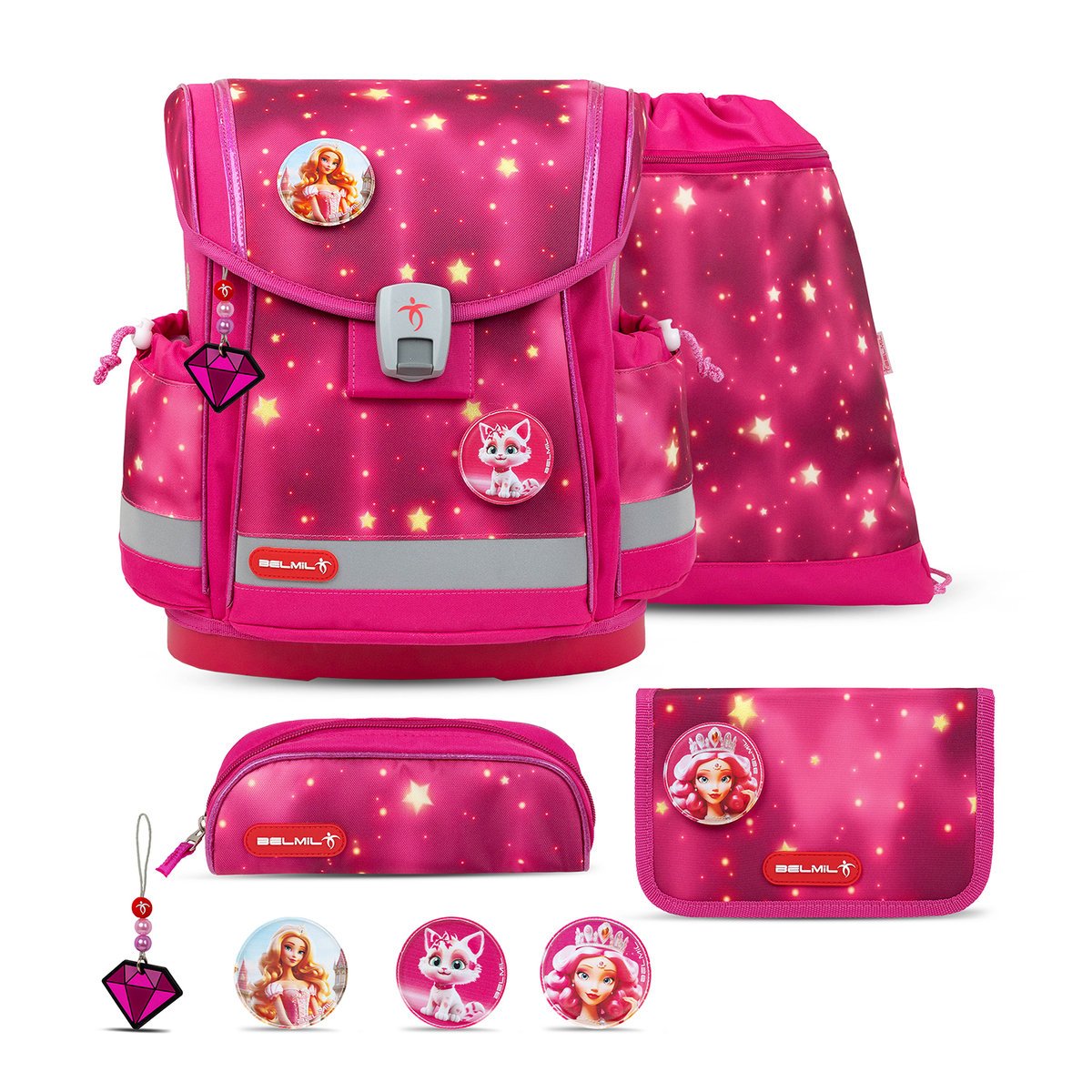 Zestaw tornistra szkolnego Belmil Classy Plus Pink Star, 4-częściowy