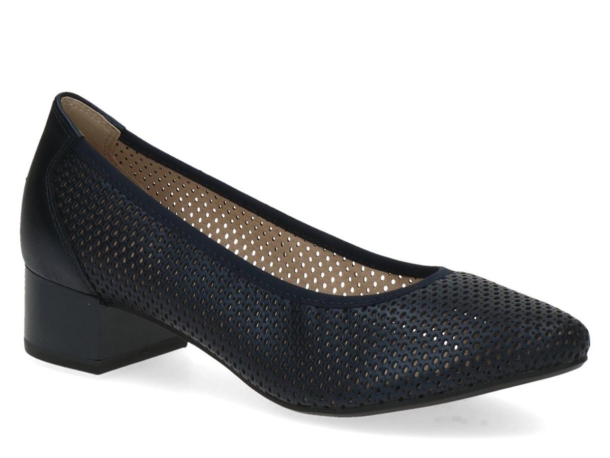 Czółenka damskie skórzane na obcasie granatowe tęgość H Caprice 22501-36