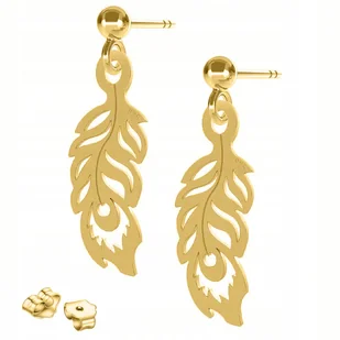 Złote Kolczyki Pióra Ozdobne Piórka Pawie Blaszki z Piórami SREBRO 925 - Kolczyki - miniaturka - grafika 1