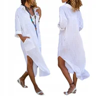 Stroje kąpielowe - TUNIKA NARZUTKA PLAŻOWA NA PLAŻĘ PAREO ZWIEWNE KIMONO SUKIENKA BIAŁA BOHO - miniaturka - grafika 1