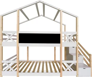 Łóżko piętrowe Merax 90x200cm z zabezpieczeniem przed wypadnięciem i schodami z 3 szufladami, łóżko na poddaszu z drewna sosnowego łóżko dziecięce dla 2 dzieci - Łóżka dla dzieci i młodzieży - miniaturka - grafika 1
