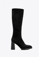 Półbuty męskie - Damskie kozaki z imitacji zamszu na słupku czarne - miniaturka - grafika 1