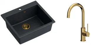 Quadron Zlewozmywak granitowy jednokomorowy 57*50*22 cm MORGAN 110 BLACK DIAMOND ze złotym odpływem z baterią JODIE Q LINE SLIM kolor złoty - Zlewozmywaki z baterią - miniaturka - grafika 1