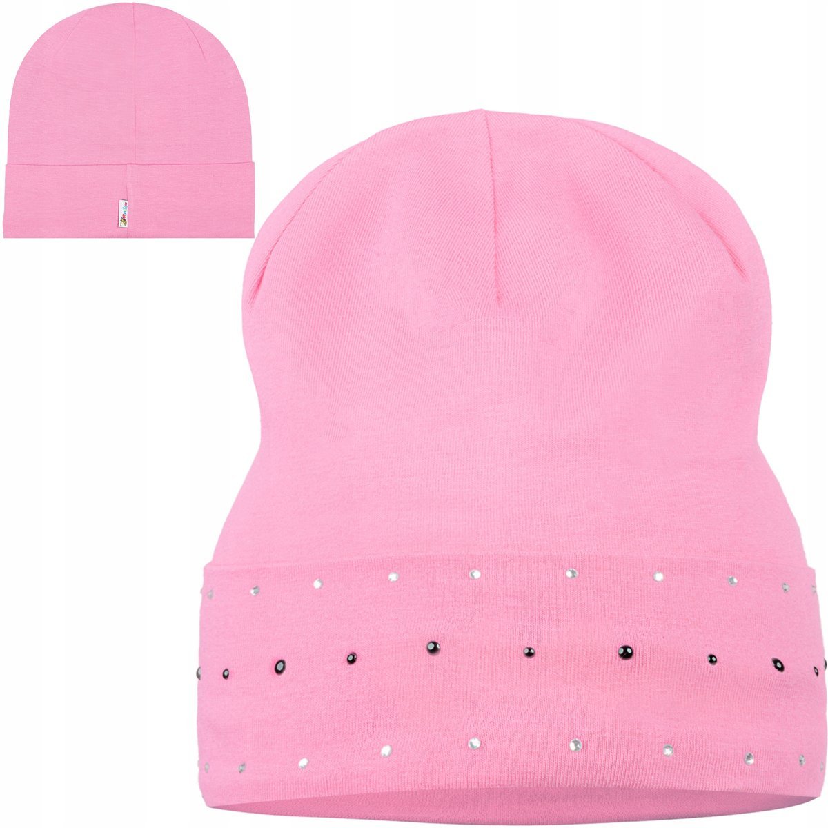 Czapka Czapeczka 42/44 Bawełniania Dziewczęca Ozdobna Dżety Różowa Róż