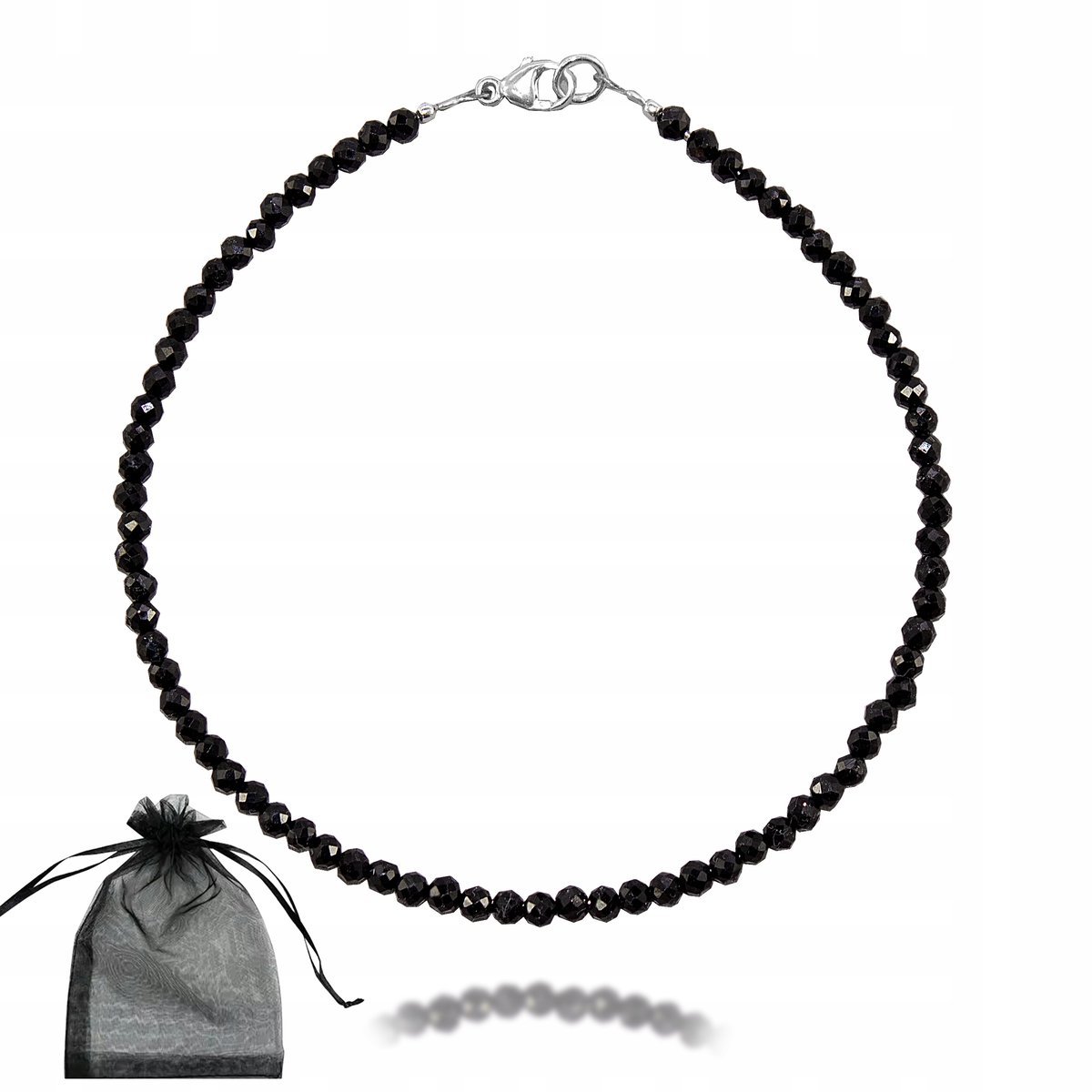 Bransoletka na nogę CZARNY TURMALIN faset 3mm srebrne zapięcie 925 dł 24cm, bez marki, AG00000233