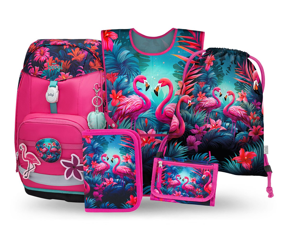 Zestaw Szkolny 5w1 BAAGL Tornister szkolny Airy Plus Flamingo Ergonomiczny 25L 29x43x20 cm Różowy dla dziewczynki + Piórnik, Worek na buty, Fartusze..