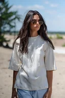 Koszule damskie - Koszulka T-Shirt z bawełny prążkowanej, NATURAL WHITE - miniaturka - grafika 1