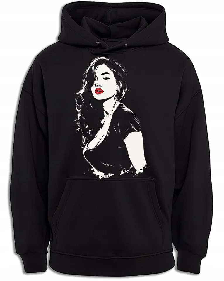 BLUZA Z KAPTUREM KOBIETA Z CZERWONYMI USTAMI NADRUK KONTURY