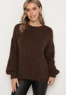 Swetry damskie - Brązowy Sweter o Klasycznym Prostym Kroju z Domieszką Wełny i Wiskozy Sezisya - miniaturka - grafika 1