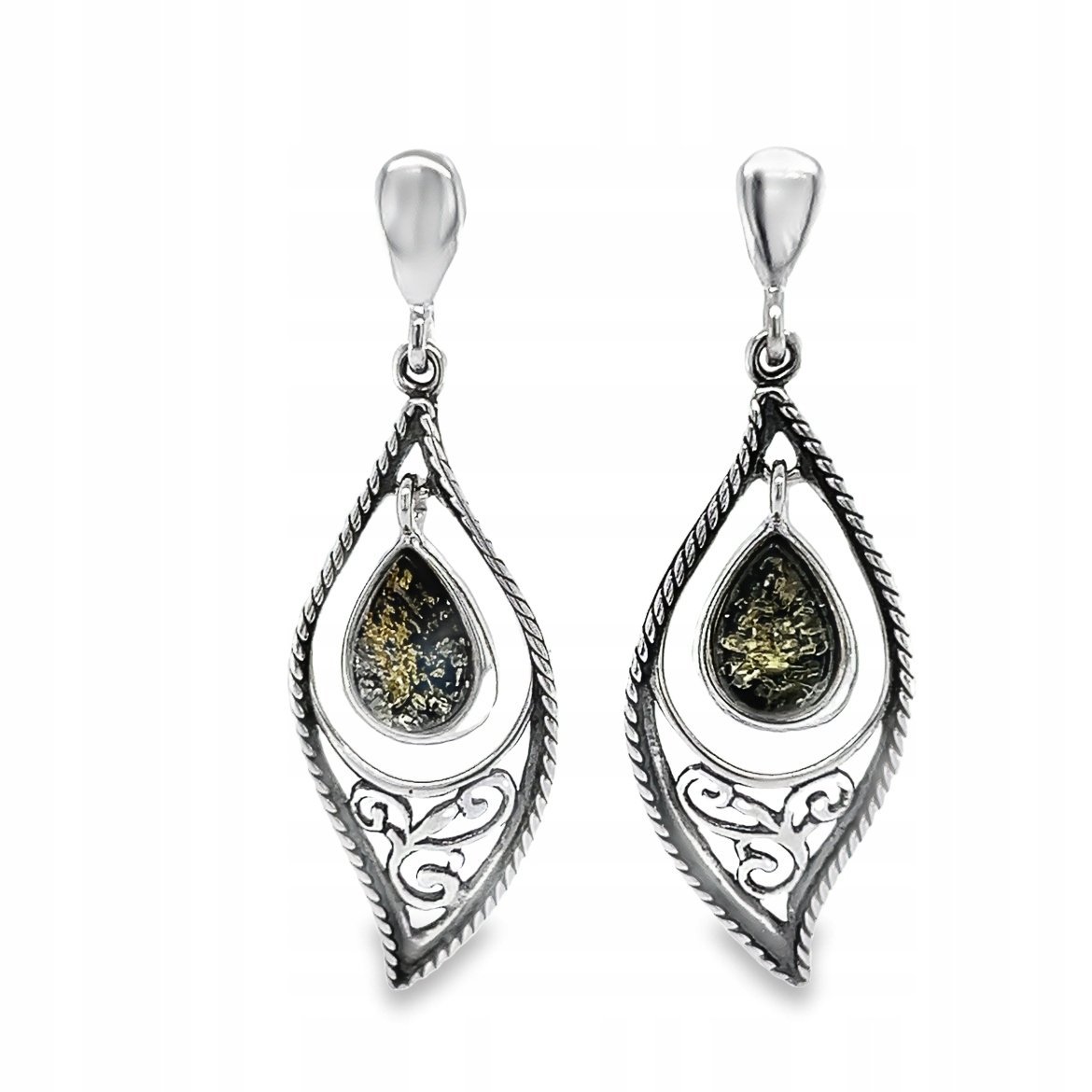 Kolczyki srebrne z BURSZTYNEM sztyft baranek eleganckie zielony