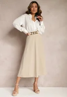 Spódnice - Jasnobeżowa Midi Spódnica Rozkloszowana o Klasycznym Fasonie Namettia - miniaturka - grafika 1