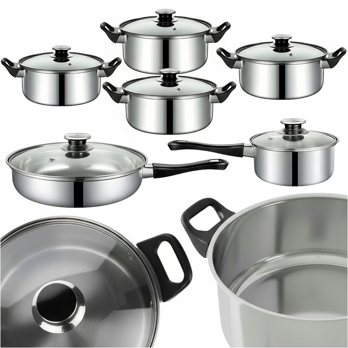 KOMPLET GARNKÓW KUCHENNYCH STALOWYCH I PATELNIA 12 ELEMENTÓW STAL POKRYWKI