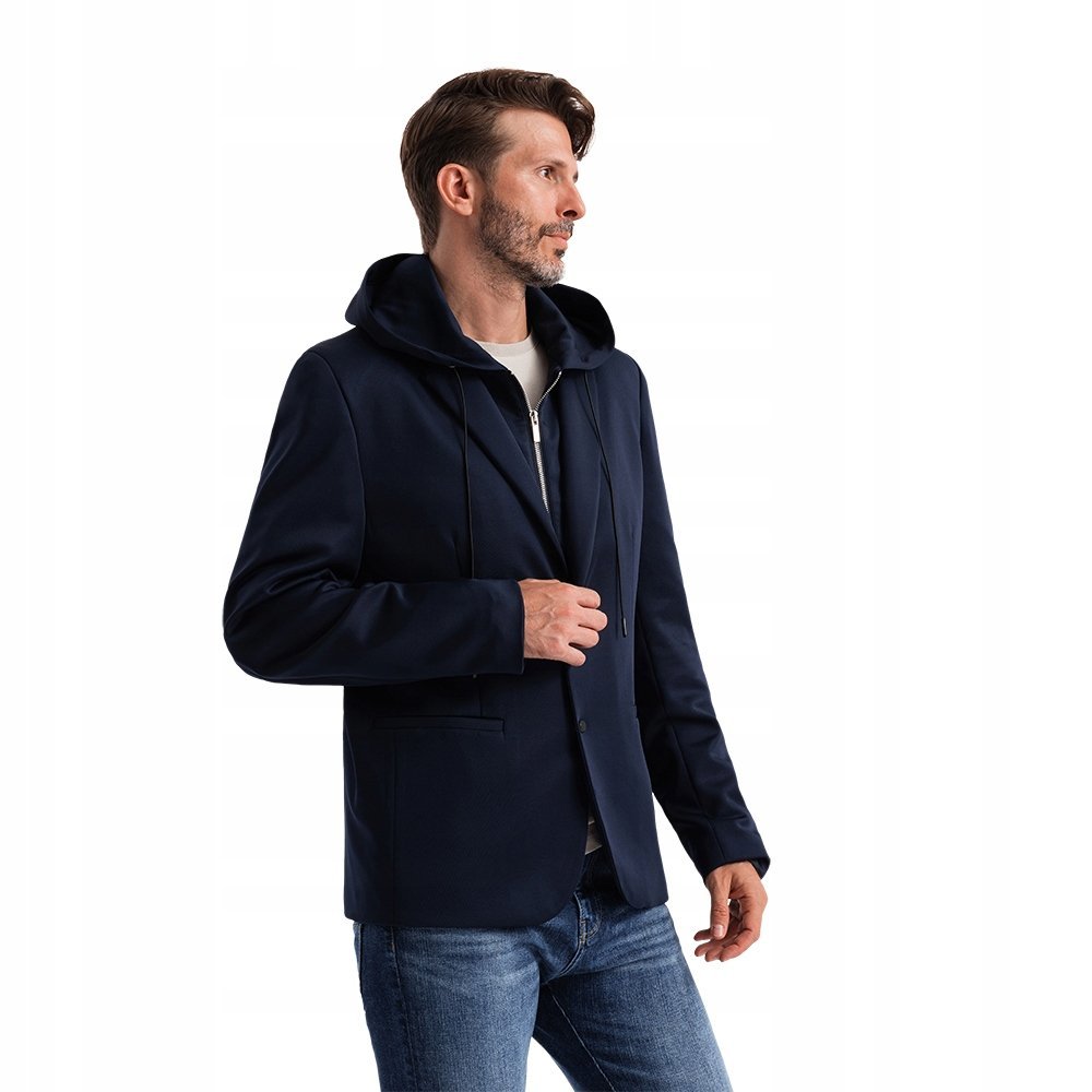 Marynarka męska z odpinaną podpinką i kapturem granatowa V2 OM-BLZB-0126 XL