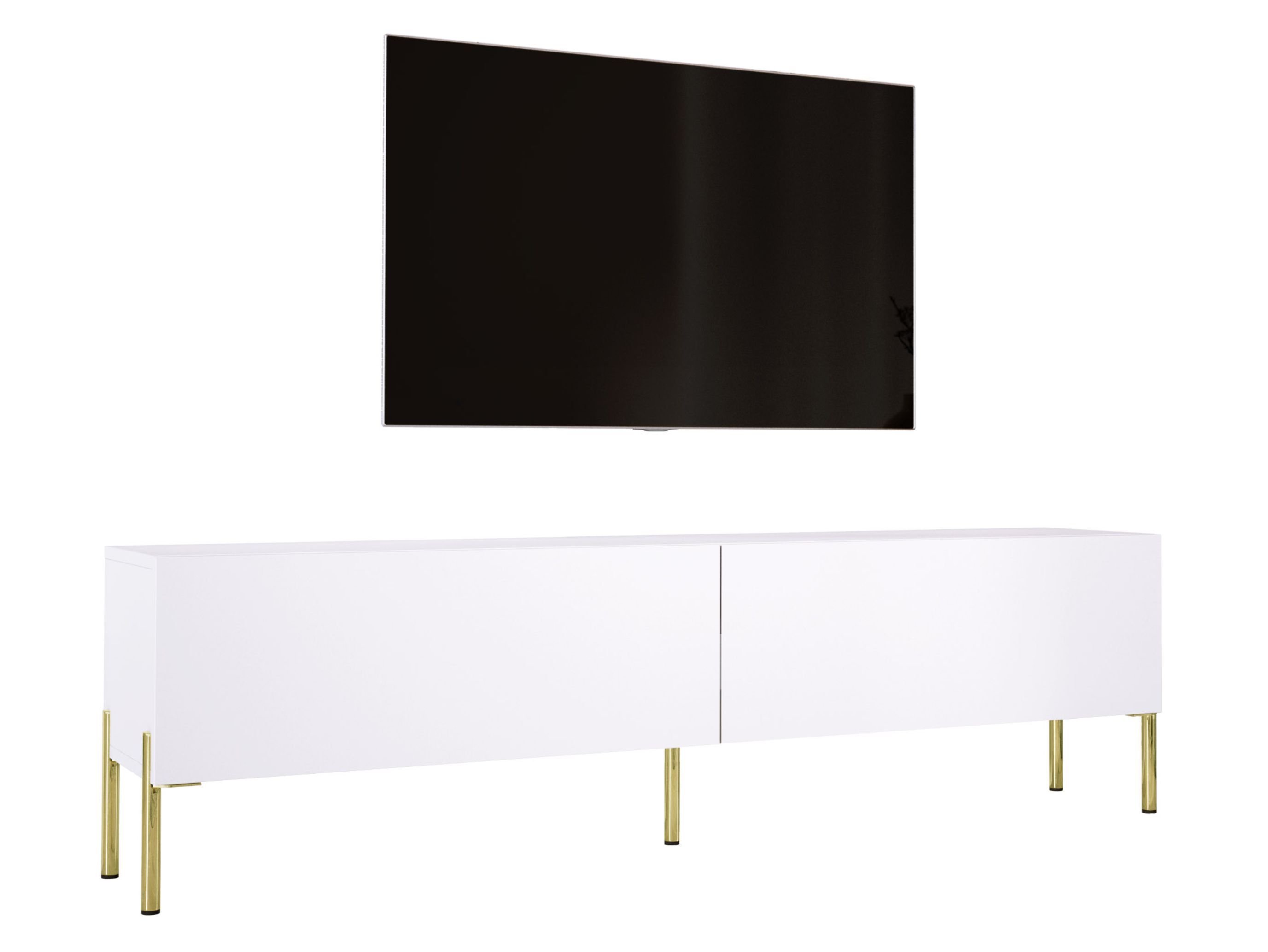 Szafka pod telewizor w kolorze białym matowym z nogami w kolorze złotym, A: szer: 170 cm cm, wys: 52 cm, gł: 32 cm. Meble pod telewizor, stolik pod telewizor, ława pod telewizor