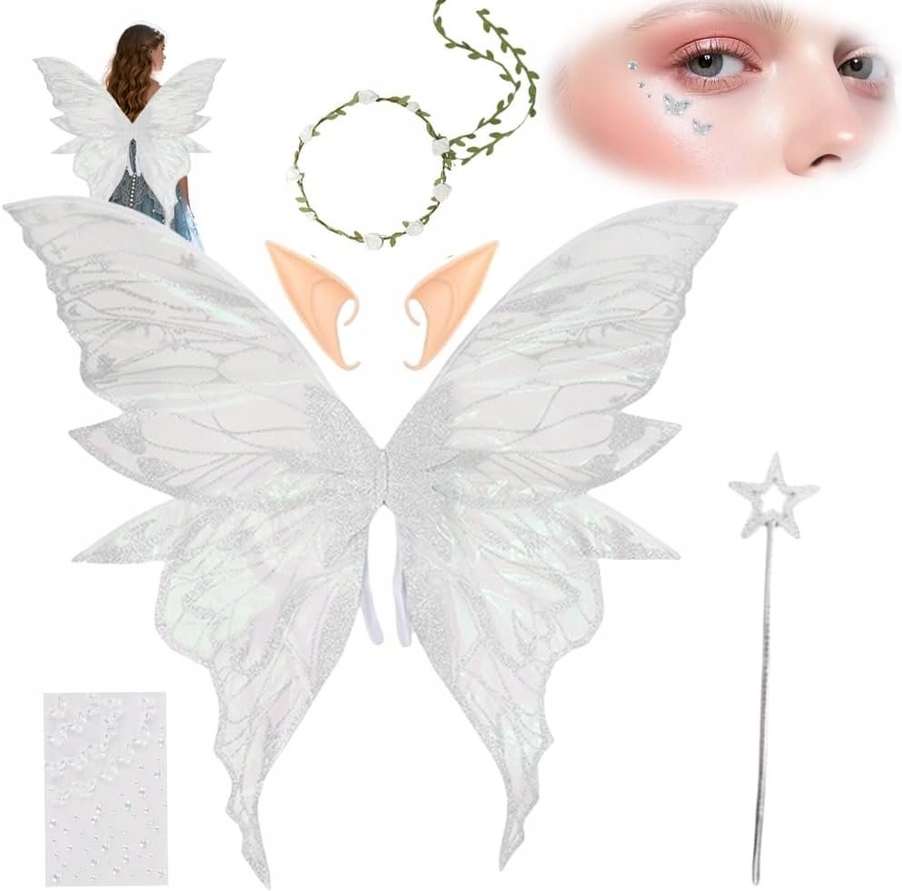 KOSTIUM WRÓŻKI DLA DZIECI ZESTAW SKRZYDŁA WRÓŻKI OPASKA RÓŻDŻKA USZY STRÓJ