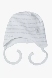 Czapki dla dzieci - Wiązana czapka dla niemowlaka w szaro - białe paski - grafika 1
