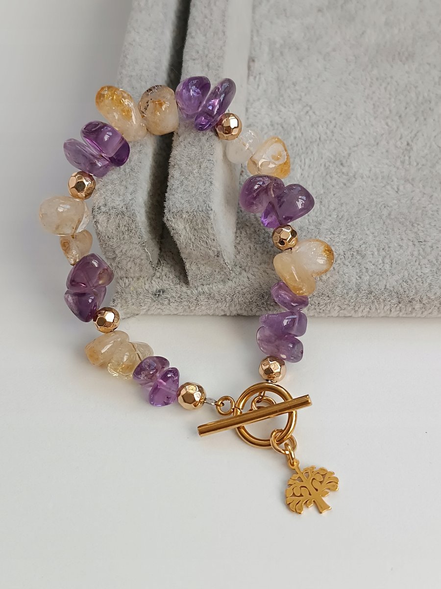 Ekskluzywna bransoletka fiolet żółty hematyt ametyst cytryn 20cm skobel złoty
