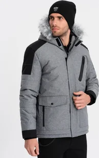 Kurtka męska Ombre Zimowa kurtka męska z regulowanym kapturem z odpinanym futerkiem - szaro-czarna V1 OM-JAHP-0144 XXL - Kurtki męskie - miniaturka - grafika 1