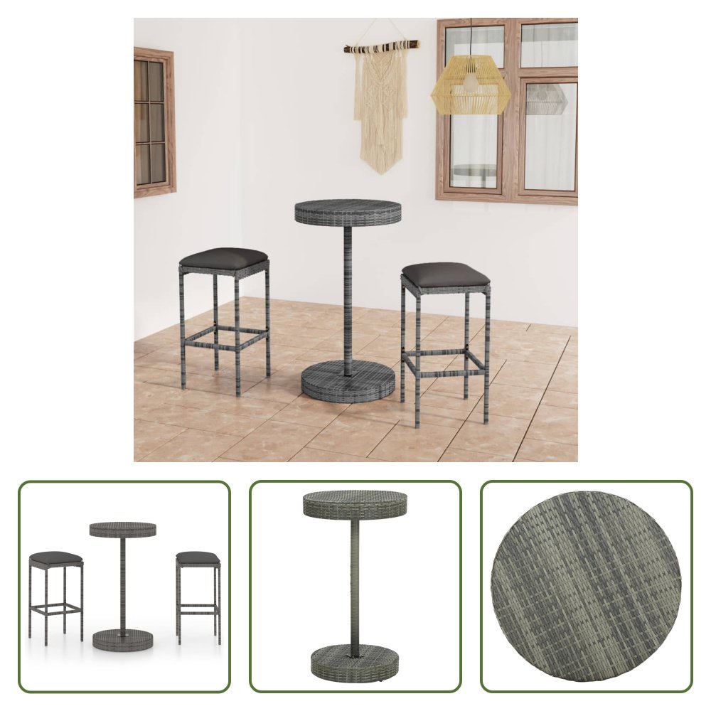 The Living Store 3-częściowy ogrodowy zestaw barowy z poduszkami z szarego polirattanu