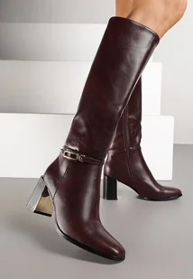 Bordowe Kozaki na Słupku z Ozdobną Aplikacją przy Cholewce Sivloriss - Kozaki damskie - miniaturka - grafika 1