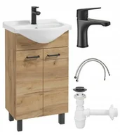 Szafki łazienkowe - Szafka łazienkowa z umywalką 50 + czarna bateria + syfon Mea dąb craft - miniaturka - grafika 1