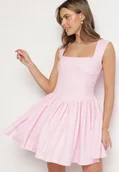 Sukienki - Różowa Rozkloszowana Sukienka Ozdobiona Kwadratowym Dekoltem Halelira - miniaturka - grafika 1