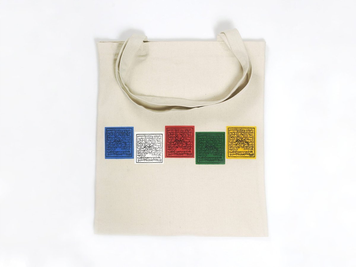 Torba zakupowa z Nepalu, gruba bawełna z nadrukiem, flagi modlitewmne