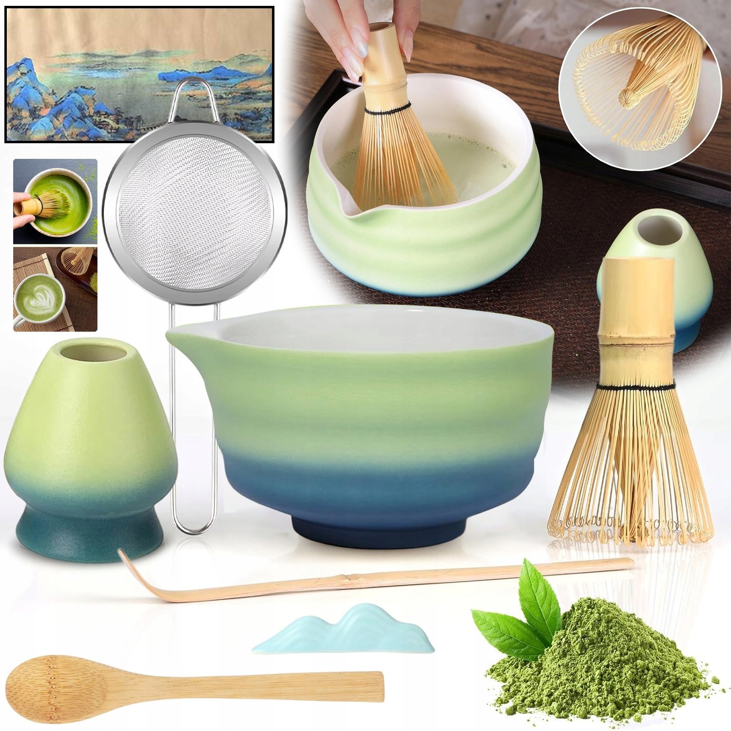 Zestaw Prezentowy Do Herbaty Matcha Czarka Miotełka Podstawka Łyżeczka 7W1