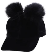 Czapki damskie - Czarna, zamszowa czapka z daszkiem, z pomponami 30.5/36 EU - miniaturka - grafika 1