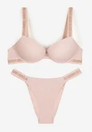 Komplety bielizny - Różowy Komplet Biustonosz Push-Up i Wycięte Majtki Figi Ozdobione Napisami Bralara - miniaturka - grafika 1