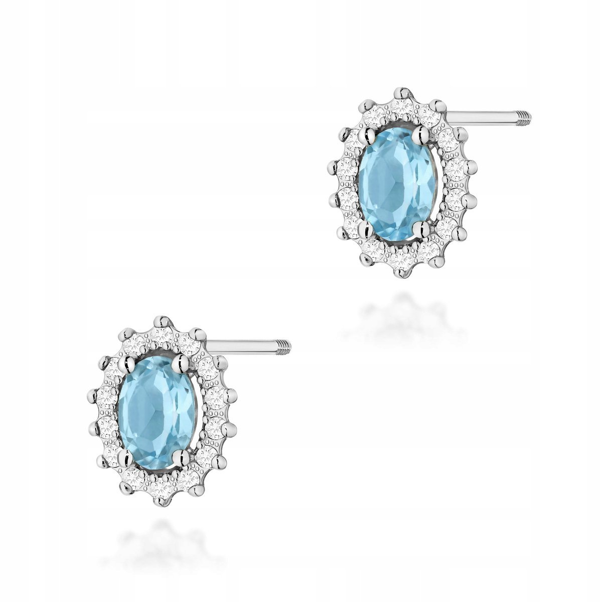 Kolczyki z białego złota 585 sztyfty zakręcane Topaz Swiss markizy brylanty
