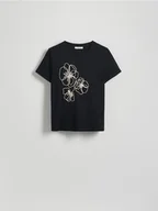 Koszulki i topy damskie - Reserved - T-shirt z haftowanym wzorem - czarny - miniaturka - grafika 1