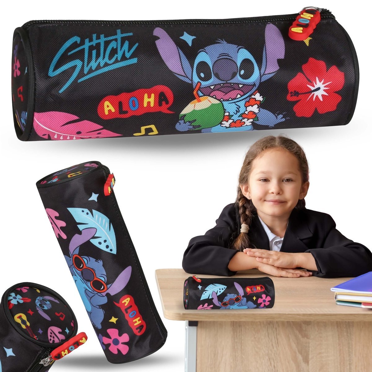 DISNEY Stitch ALOHA Czarny piórnik szkolny dla dziewczynki, TUBA, saszetka na przybory szkolne 22x8x8cm