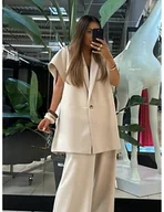 Kamizelki damskie - Długa kamizelka oversize z wiskozy HAJLA - beżowa - miniaturka - grafika 1